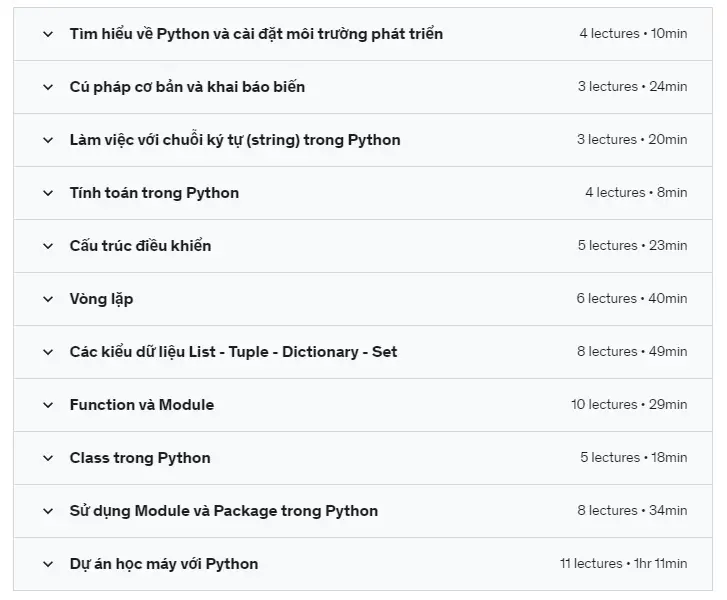 nội dung khóa học Lập trình Python từ cơ bản đến nâng cao thông qua các dự án