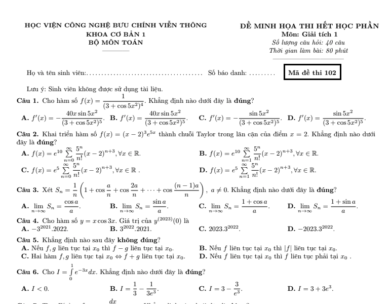 đề thi cuói kỳ giải tích 1 PTIT